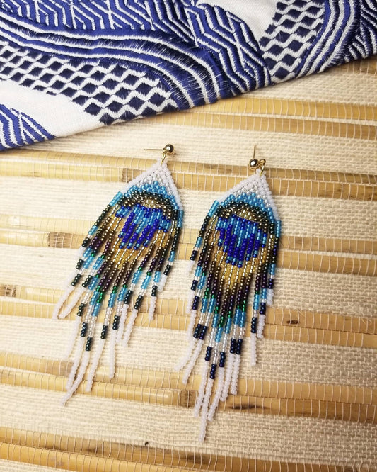 Peacock Feather Inspired Beaded Fringe Earrings